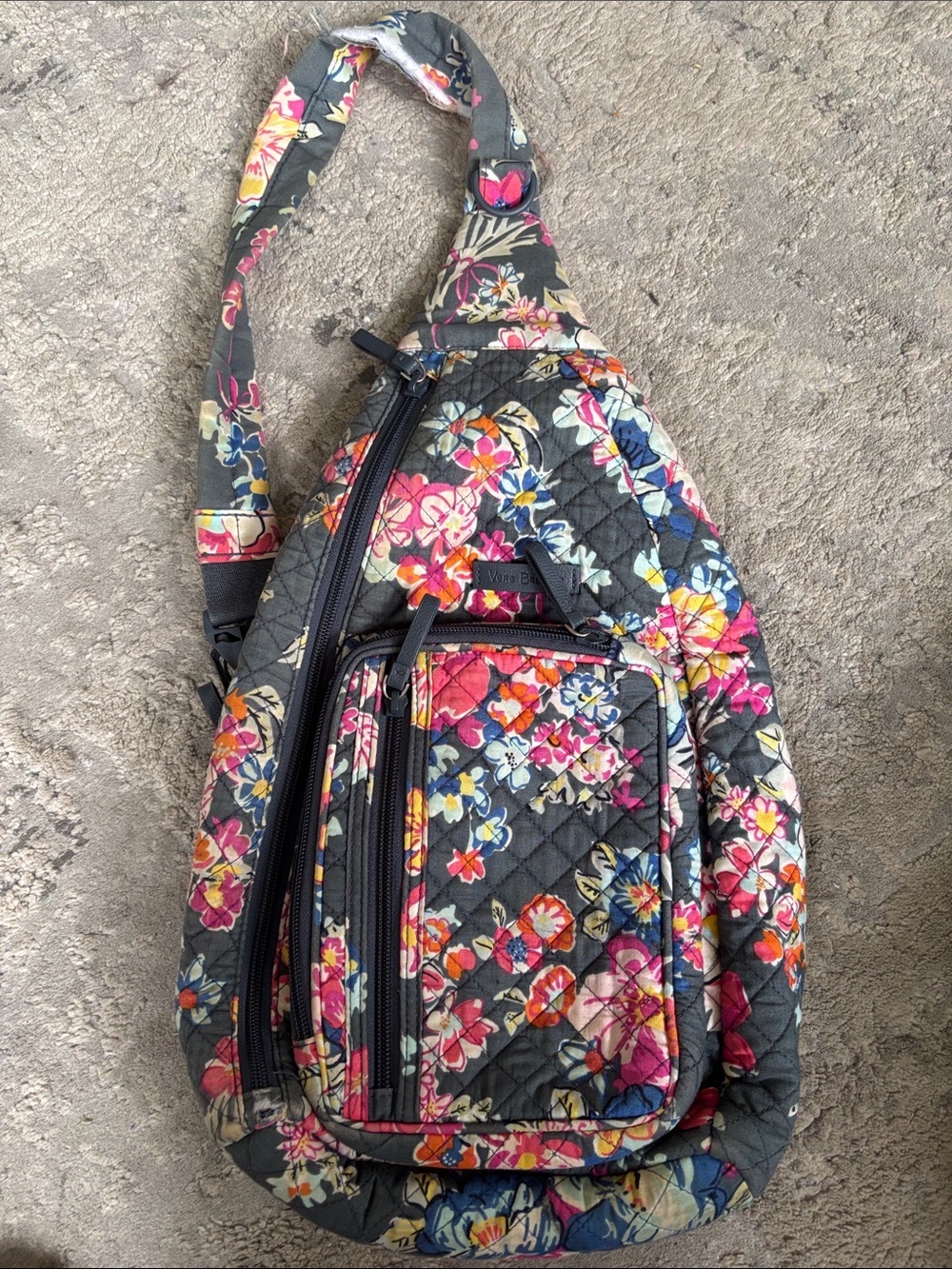 Vera Bradley Dark Gray Quilted Crossbody Sling with Multicolor Floral Print